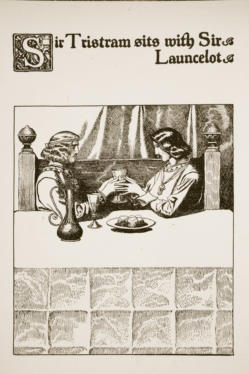 Sir Tristram sidder sammen med Sir Launcelot, illustration fra 