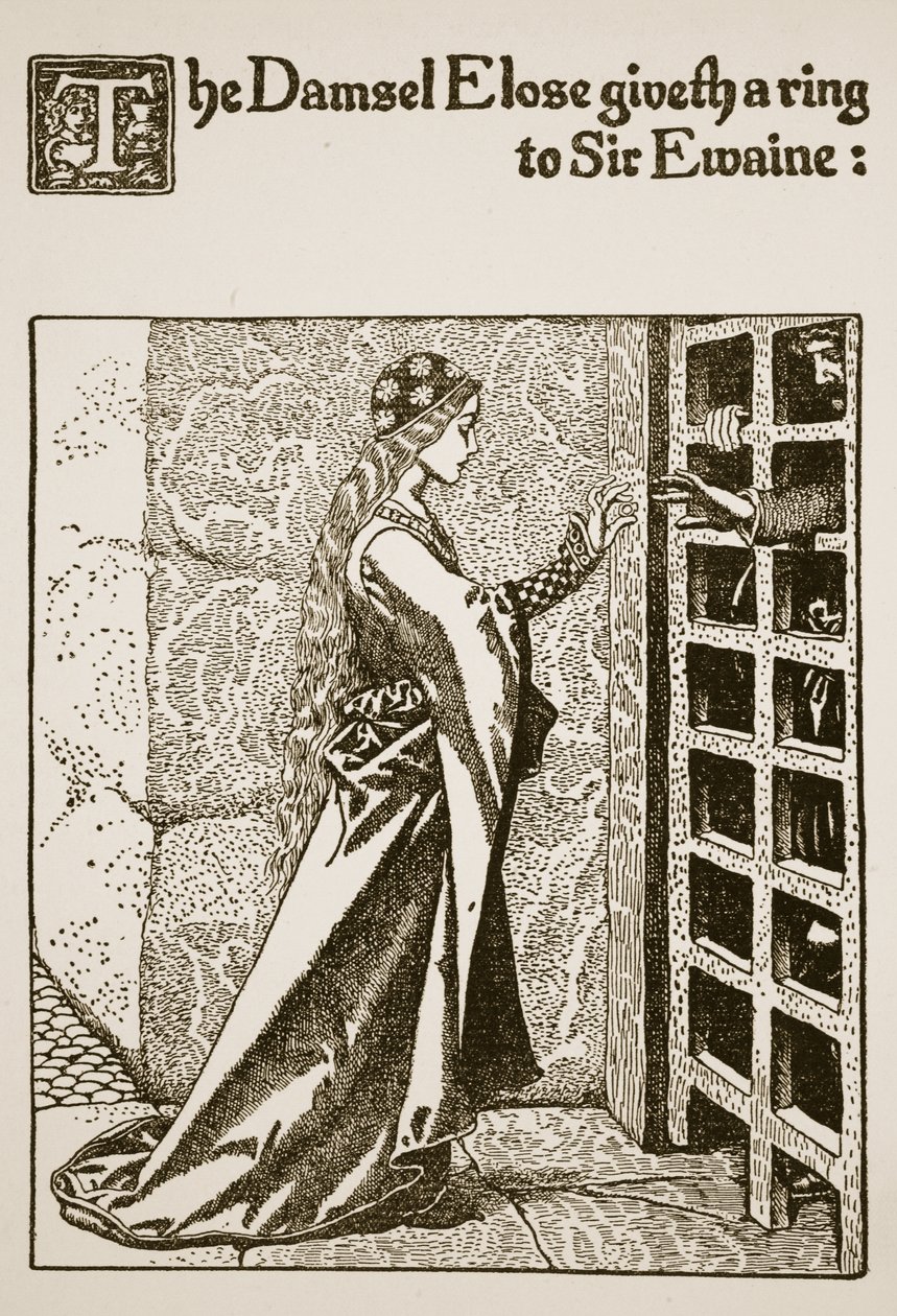 Damselen Elose giver en ring til Sir Ewaine, illustration fra 