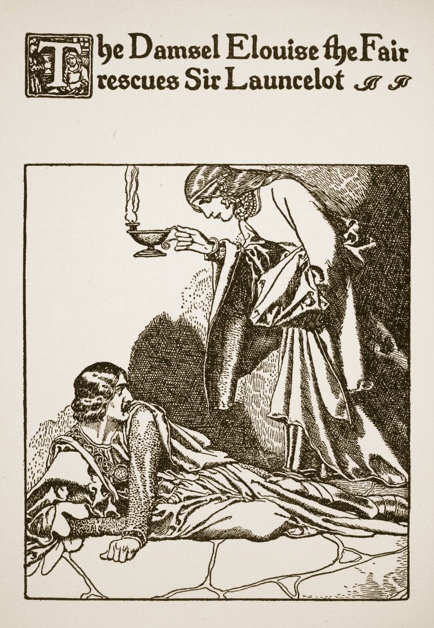 Jomfruen Elouise den skønne redder Sir Launcelot, illustration fra "Historien om Sir Launcelot og hans ledsagere", 1907 af Howard Pyle