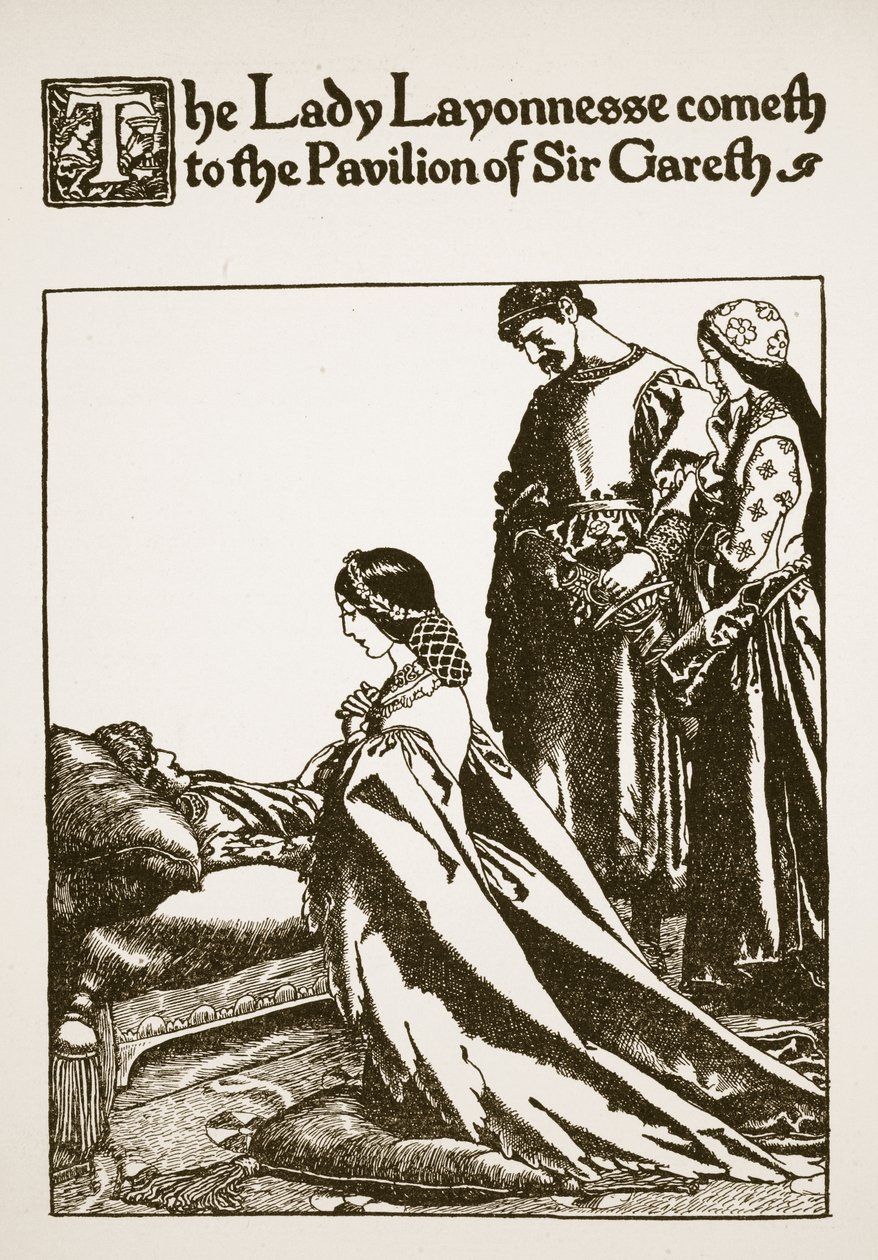 Lady Layonnesse kommer til Sir Gareths pavillon, illustration fra "The Story of Sir Launcelot and his Companions", 1907 af Howard Pyle