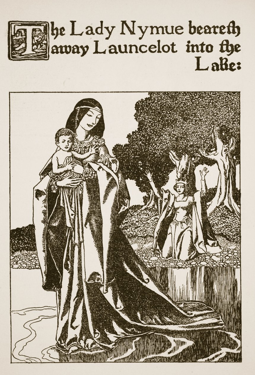 Lady Nymue bortfører Launcelot i søen, illustration fra 