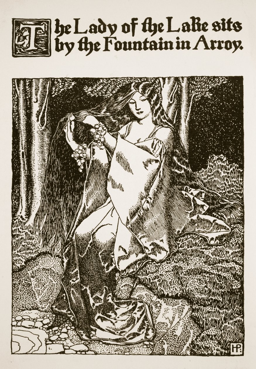 The Lady of the Lake sidder ved springvandet i Arroy, illustration fra 