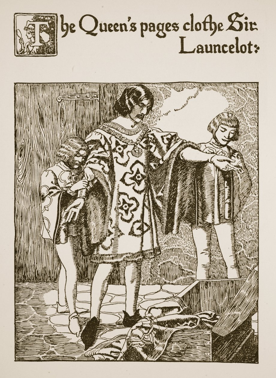 Dronningens sider klæder Sir Launcelot på, illustration fra "The Story of the Grail and the Passing of Arthur of Arthur", ca.1910 af Howard Pyle