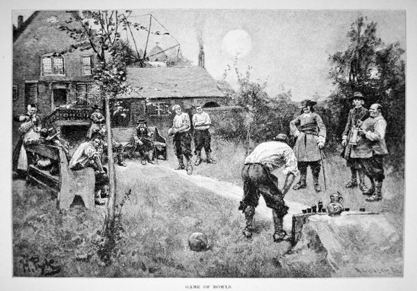 Et spil bowls i det 17. århundredes koloniale Amerika (litografi) af Howard (after) Pyle