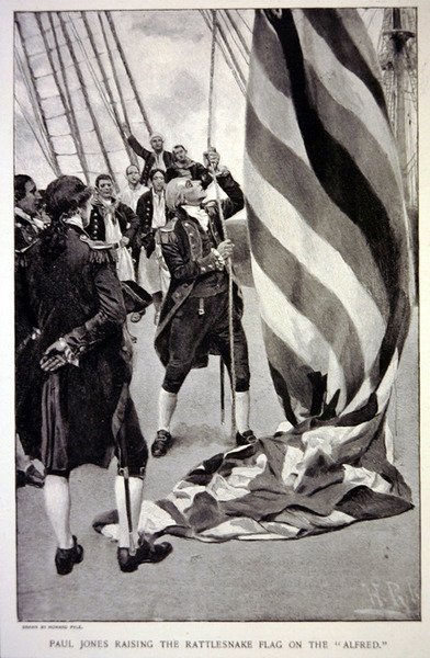 John Paul Jones hejser det amerikanske klapperslangeflag på Alfred (litho) af Howard (after) Pyle