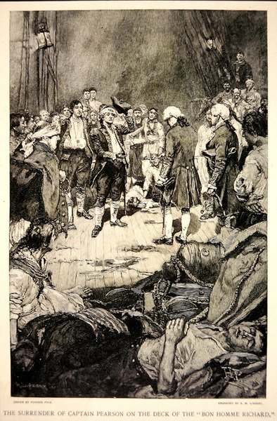 Kaptajn Pearsons overgivelse til John Paul Jones på dækket af Bonhomme Richard i 1779 (litho) af Howard (after) Pyle