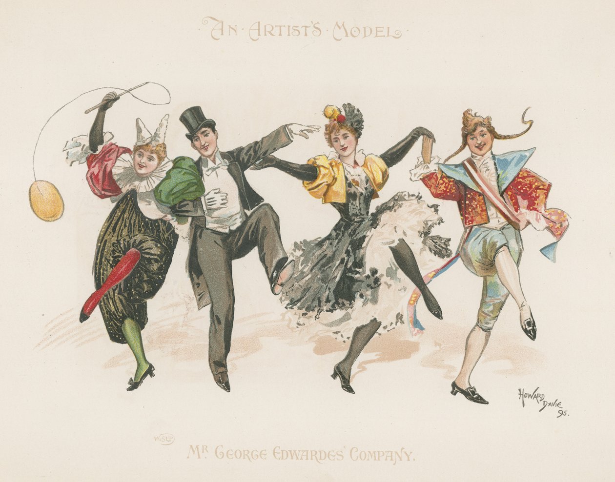 En gruppe af to mænd og to kvinder, alle i kostumer, mens de danser (farvelitografi) af Howard Davie