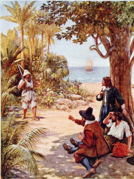 Crusoe viser sig foran skibskaptajnen, illustration til 