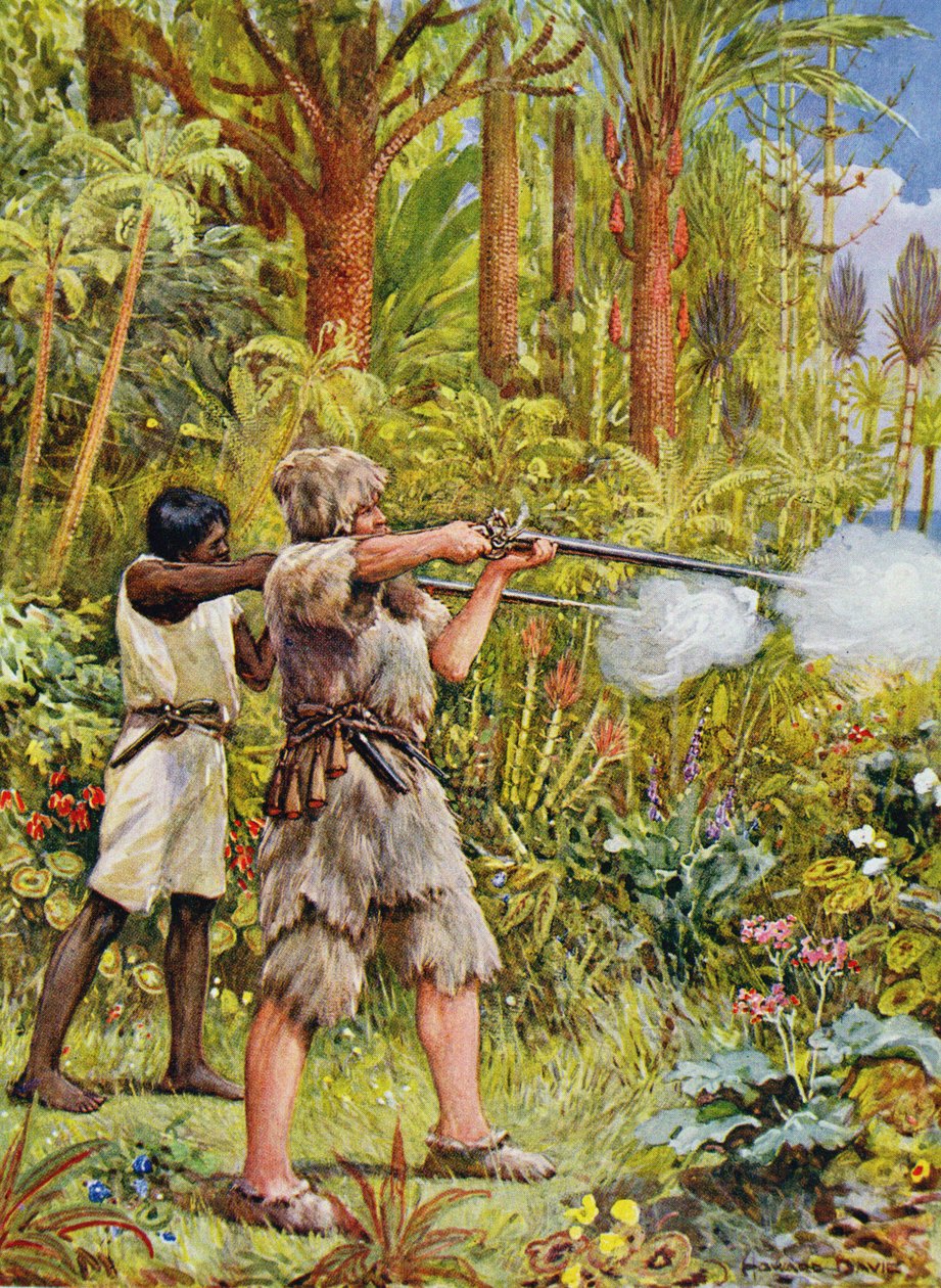 Crusoe and Friday Shoot the Savages, illustration til 