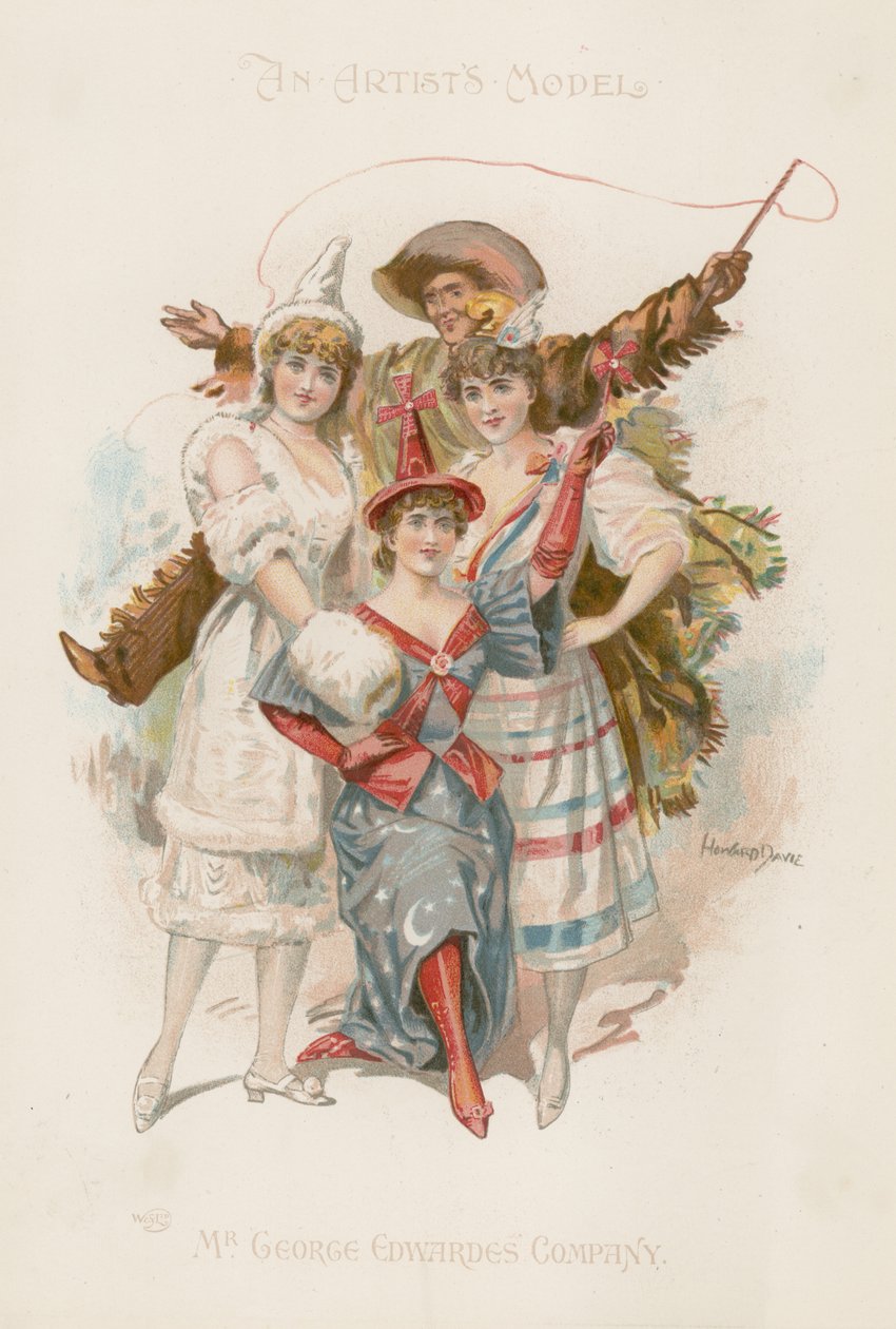 Tre kvindelige dansere i kostume med en mand, der holder en pisk (farvelitografi) af Howard Davie