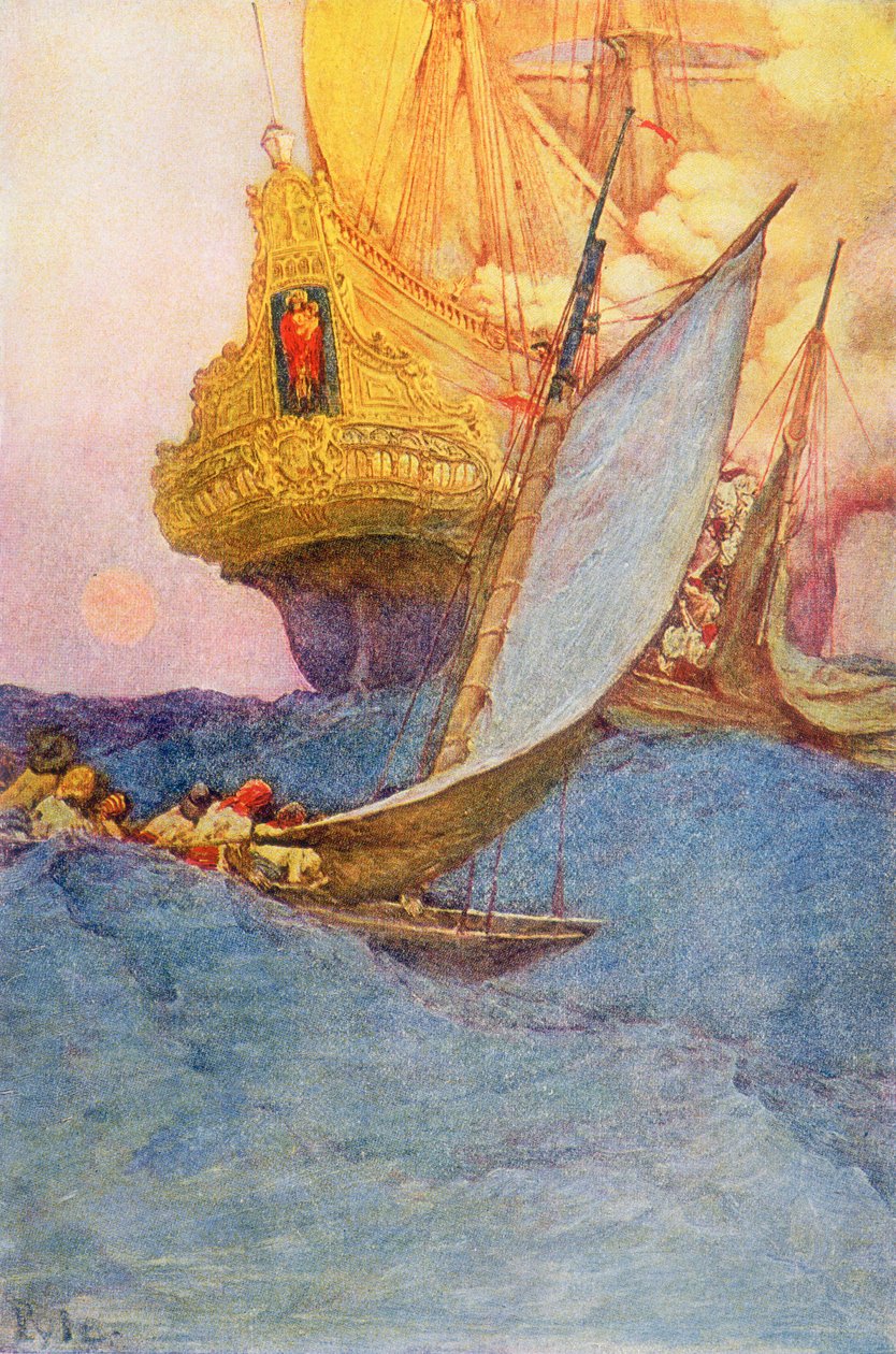 Et angreb på en galeon, begyndelsen af det 20. århundrede (bogillustration) af Howard Pyle