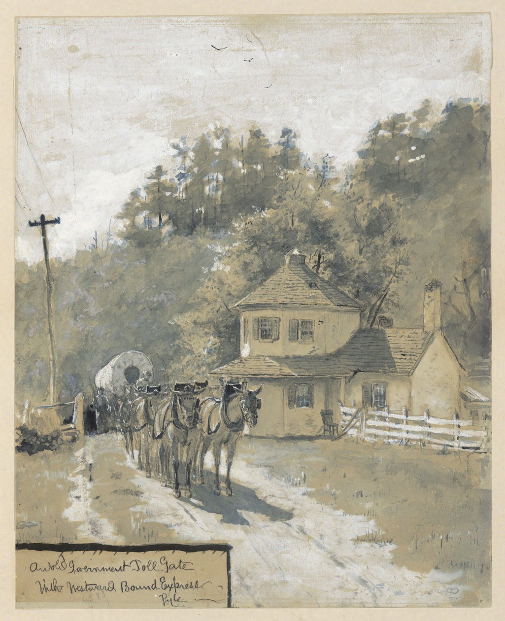 En gammel statslig betalingsbom med et eksprestog på vej vestpå, tegning til en illustration til artiklen "The Old National Pike" af William Henry Rideing af Howard Pyle