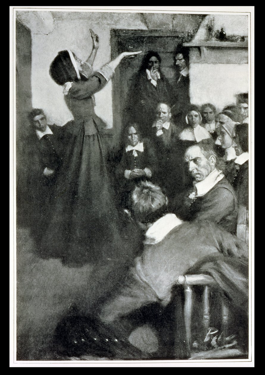 Anne Hutchinson prædiker i sit hus i Boston, 1637, illustration fra 