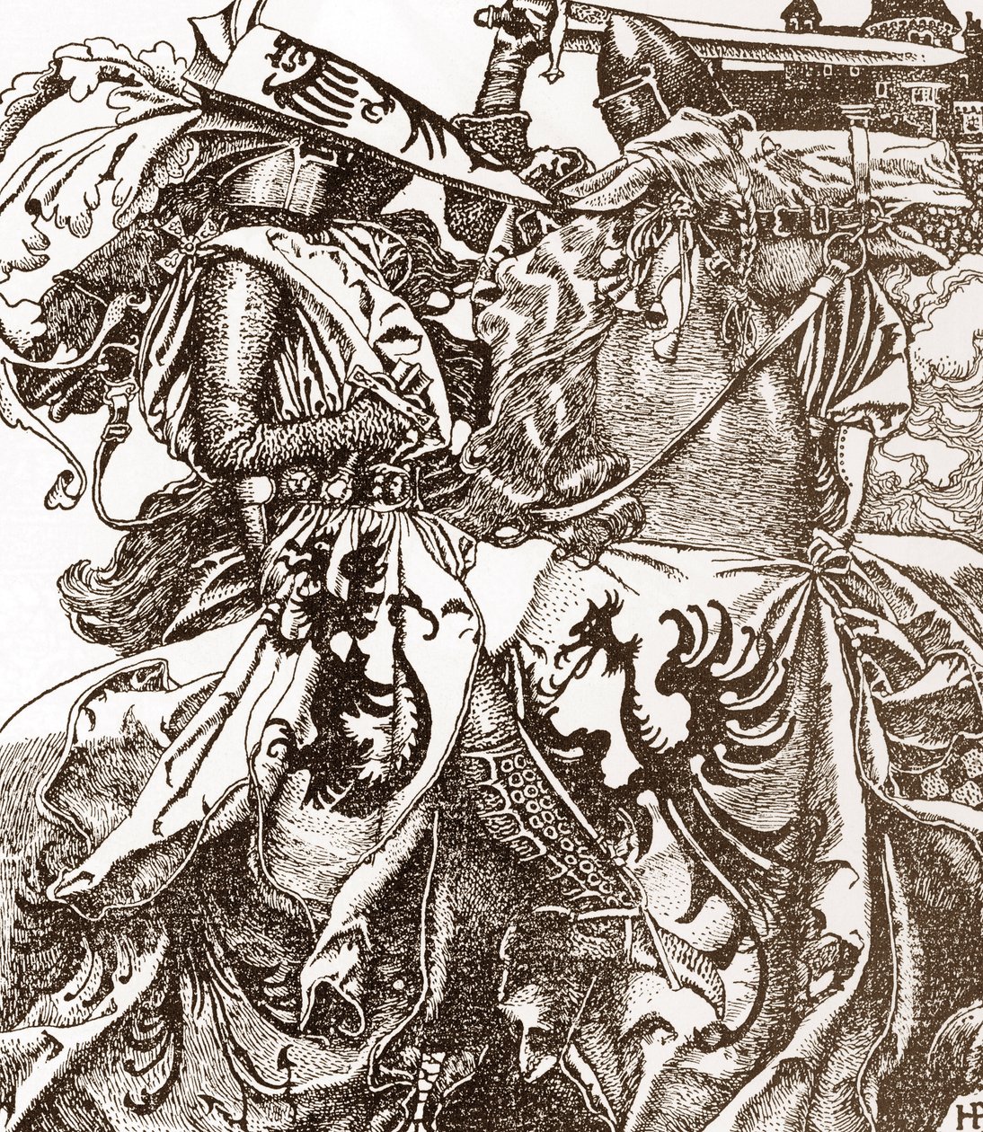 Arthurian Legend: Kay (Keu), ridder af det runde bord, brækker sit sværd ved en turnering (Sir Kay, ridder af det runde bord, brækker sit sværd ved en turnering) Illustration af Howard Pyle (1853-1911) fra "Historien af kong Arthur og hans riddere”” 190 af Howard Pyle