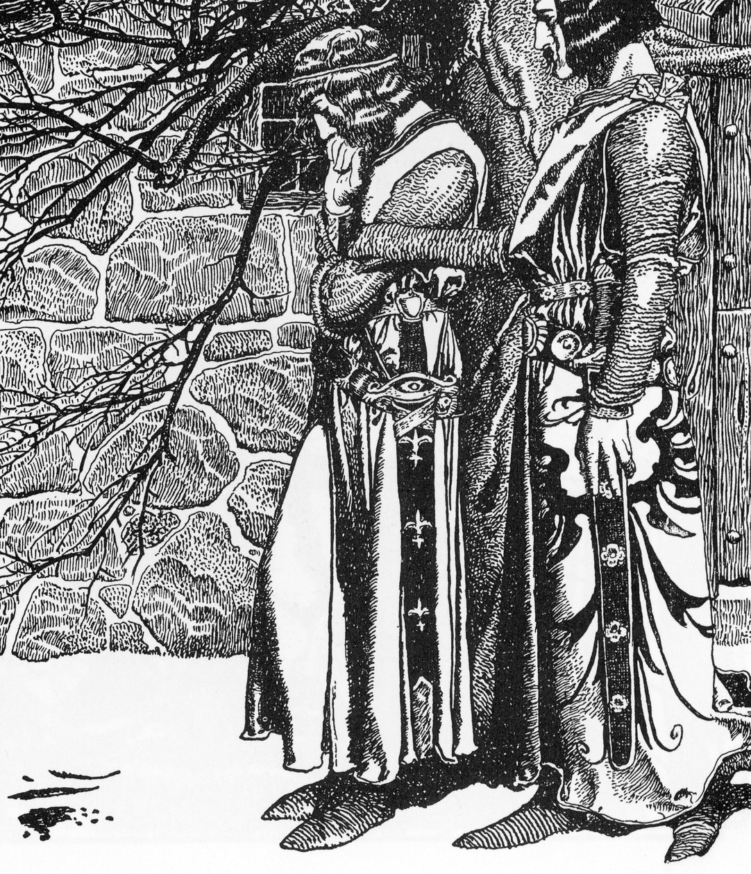 Arthurian Legend: The Knight Kay (Keu) and Perceval (Sir Kay and Sir Percival) Illustration af Howard Pyle (1853-1911) fra "The Story of the Champions of the Round Table"" 1905 Private Collection af Howard Pyle