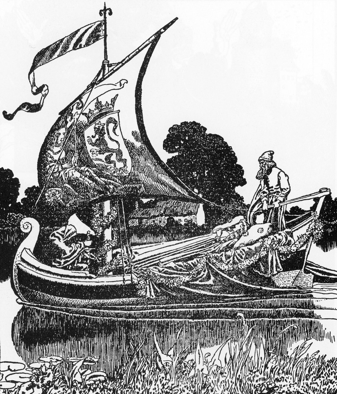 Arthurian Legend: The Barge of the Dead bringer kong Arthur lig Illustration af Howard Pyle (1853-1911) fra "The Story of Sir Launcelot and His Companions" 1907 Private Collection af Howard Pyle