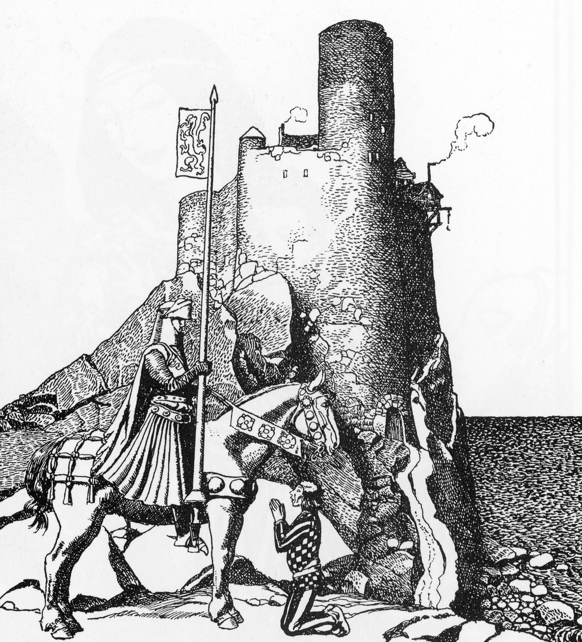 Arthurian Legend: Tristan ankommer til slottet i Nabon (Sir Tristam ankommer til slottet Sir Nabon) Illustration af Howard Pyle (1853-1911) fra "The Story of the champions of the round table"" 1905 Privat samling af Howard Pyle