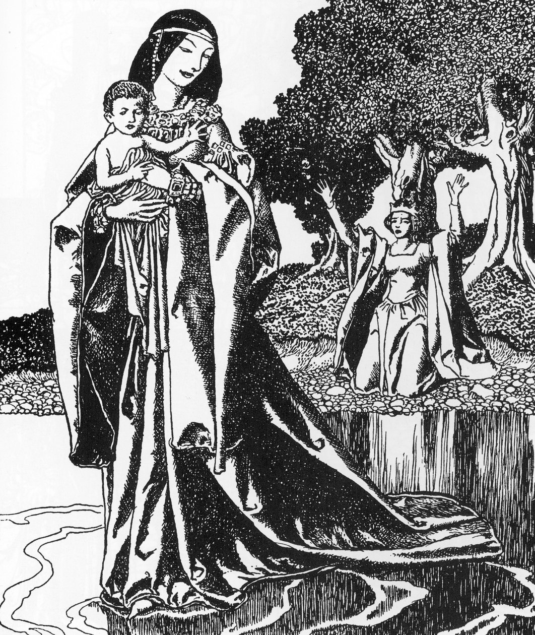 Arthurian Legend: la dame du Lacableve Lancelot enfant (Lancelot bliver båret af Lady of the Lake) Illustration af Howard Pyle (1853-1911) fra "Historien om mestrene ved det runde bord"" 1903 Privat samling af Howard Pyle