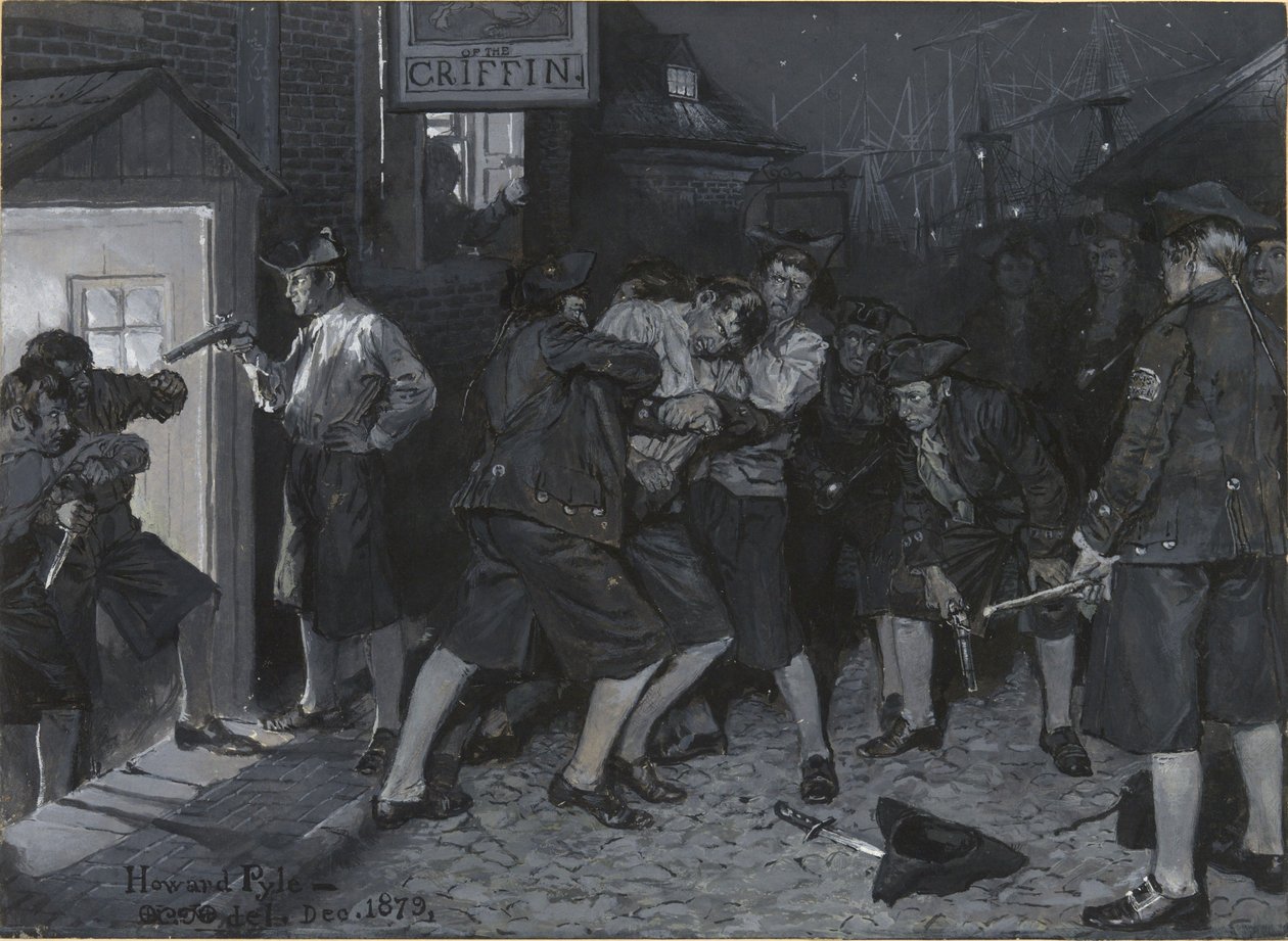 Ved Griffens skilt, tegning til en illustration til artiklen «Gamle kaffehuse i New York» af John Austin Stevens af Howard Pyle