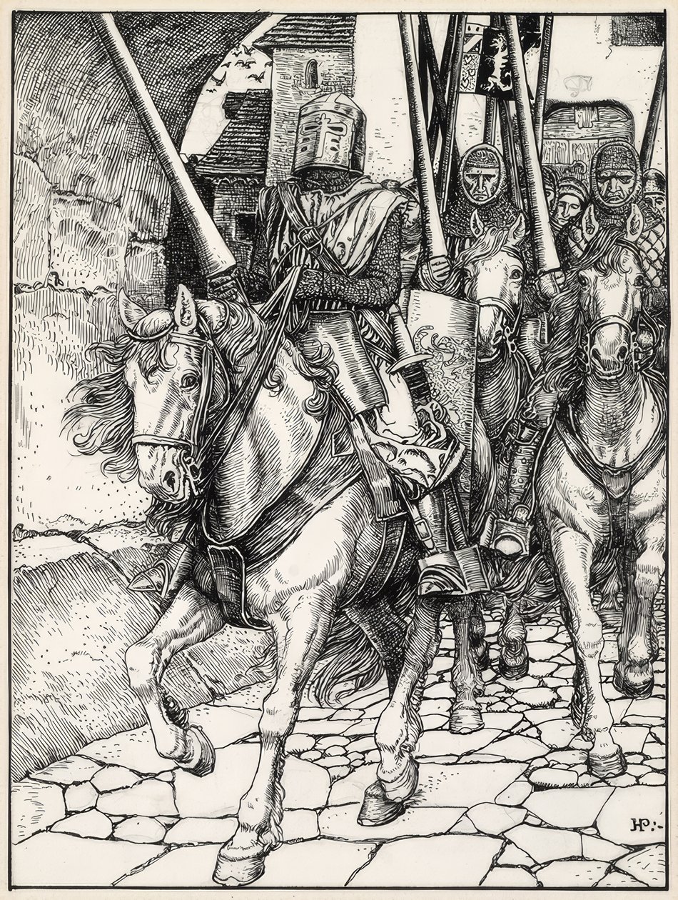 De red af sted med klaprende hove og klingende rustninger af Howard Pyle