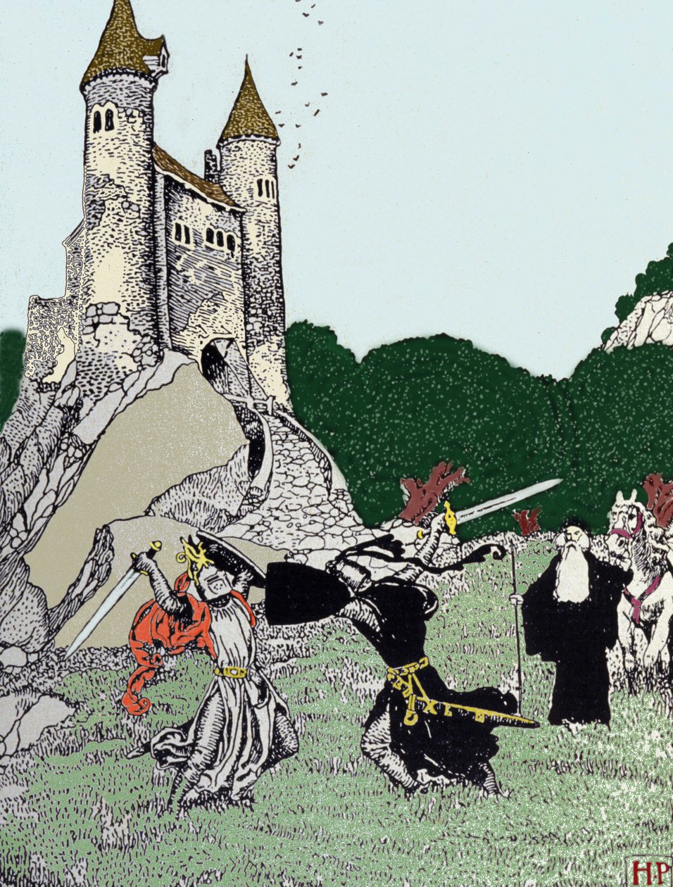 Kamp mellem kong Arthur (Artus) og den sorte ridder i nærværelse af den fortryllende Merlin. Illustration af Howard Pyle (1853 - 1911), amerikansk illustrator af Howard Pyle