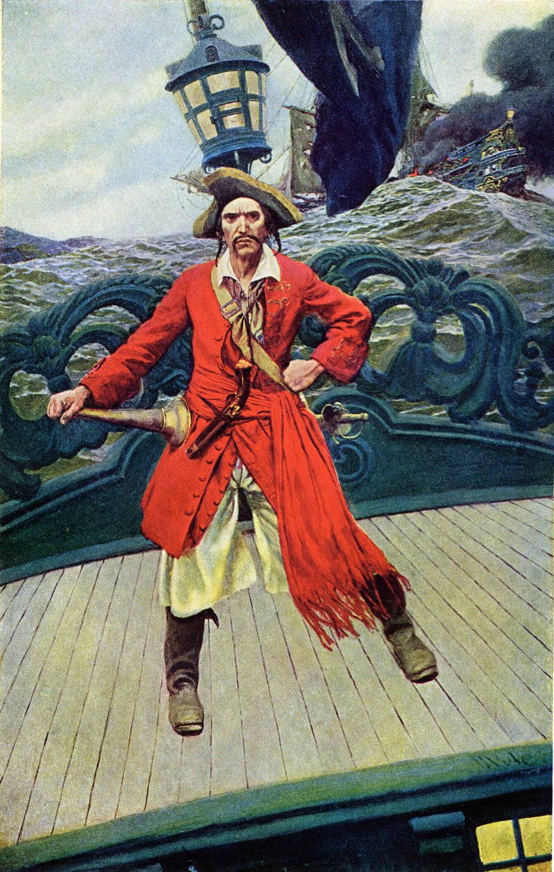 Kaptajn Keith på dækket af sit skib. Illustration fra "Book of pirates Buccaneers and Marooners of the Spanish Main" af Howard Pyle (1853-1911), amerikansk illustrator af Howard Pyle