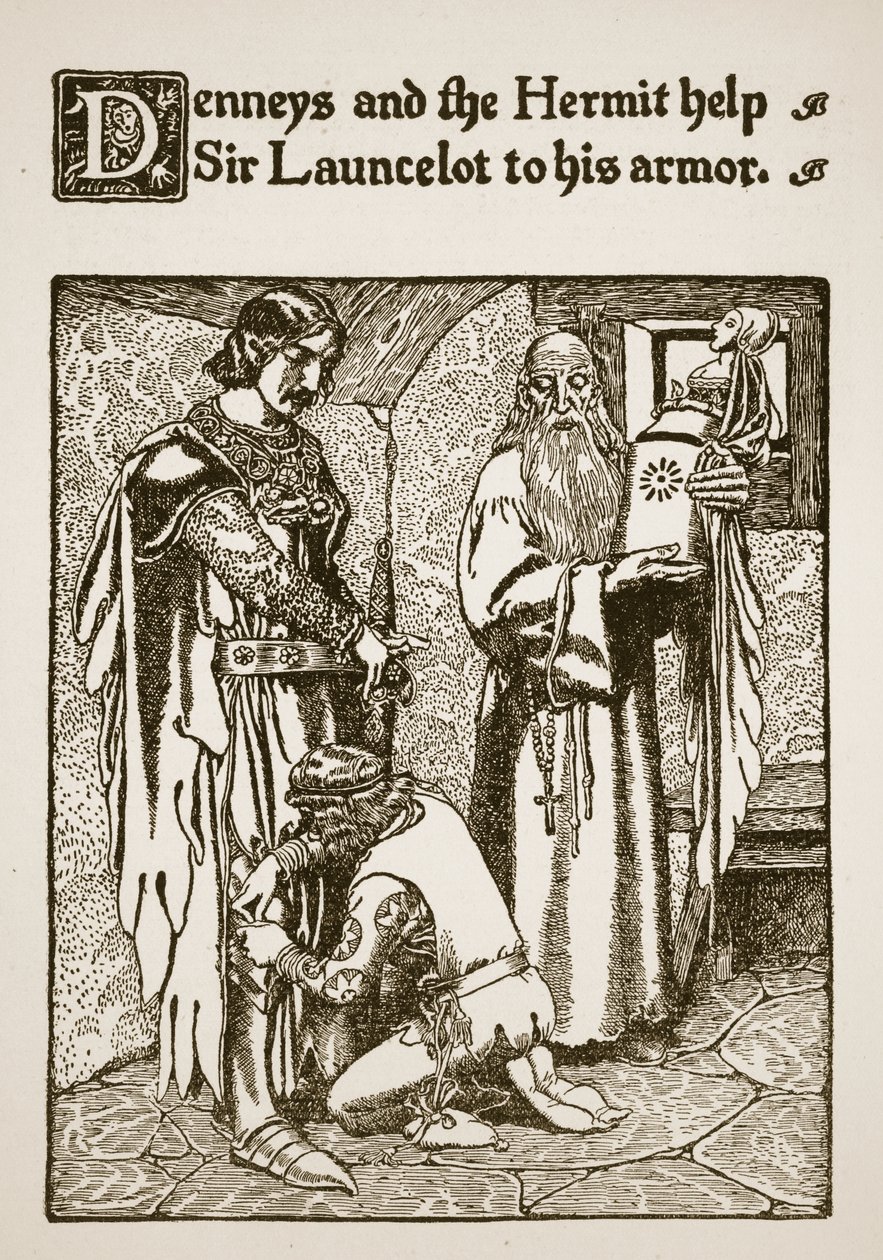Denneys og Eremitten hjælper Sir Launcelot til hans rustning, illustration fra 