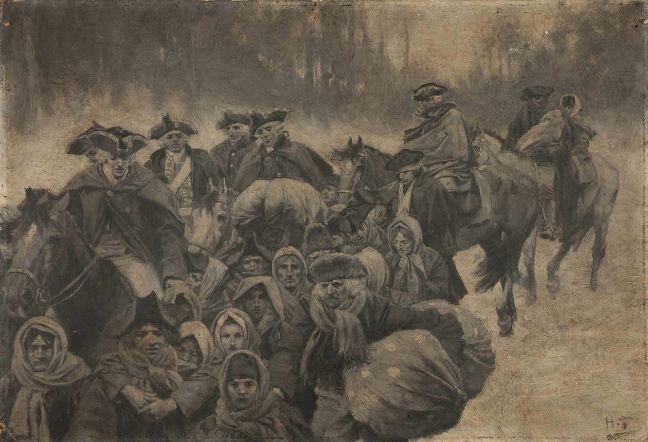 Fem rødklædte soldater til hest og en anden, der var tildækket til øjnene ... omkring dem en broget skare af fattige mennesker, unge og gamle. af Howard Pyle