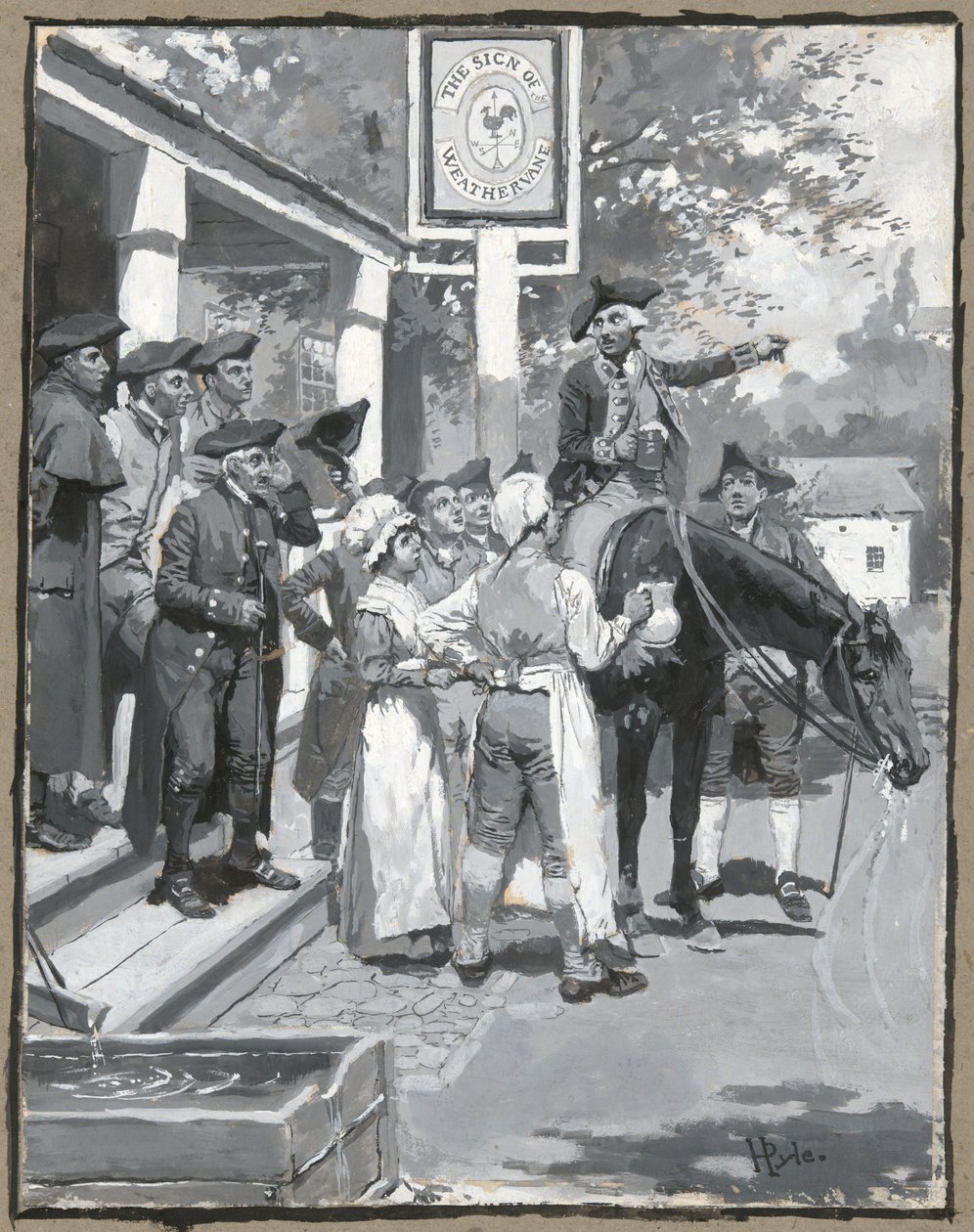 Han stopper ved vejrhanens tegn, tegning af illustrationen til digtet af Howard Pyle