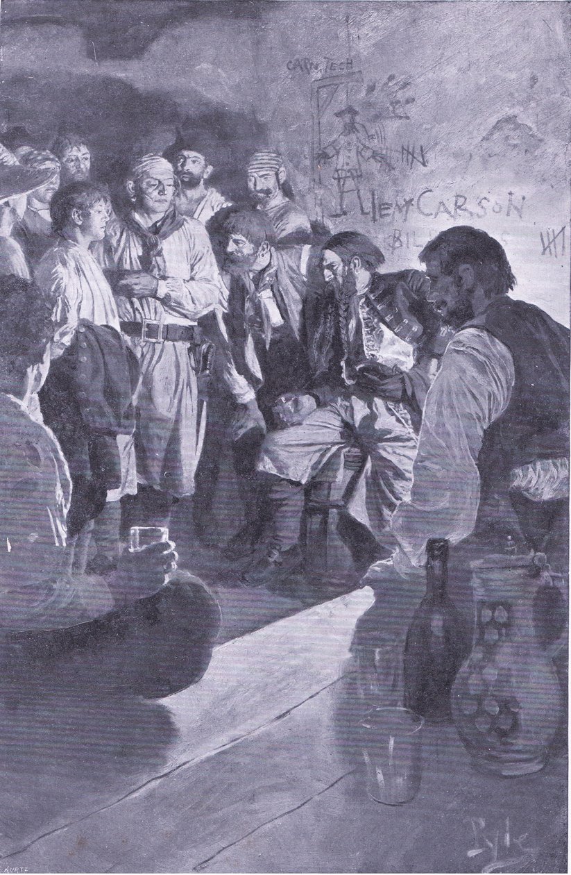 Han førte Jack op til manden, der sad på tønden, fra Howard Pyles Book of Pirates udgivet af Harper & Bros, 1921 af Howard Pyle