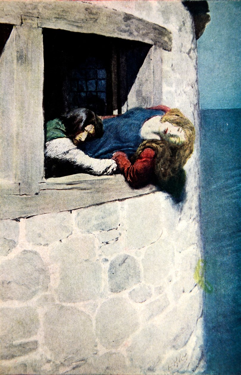 "Hendes hoved og skuldre hang ud over rummet udenfor", en illustration fra The Maid of Landevennec, udgivet i Harper