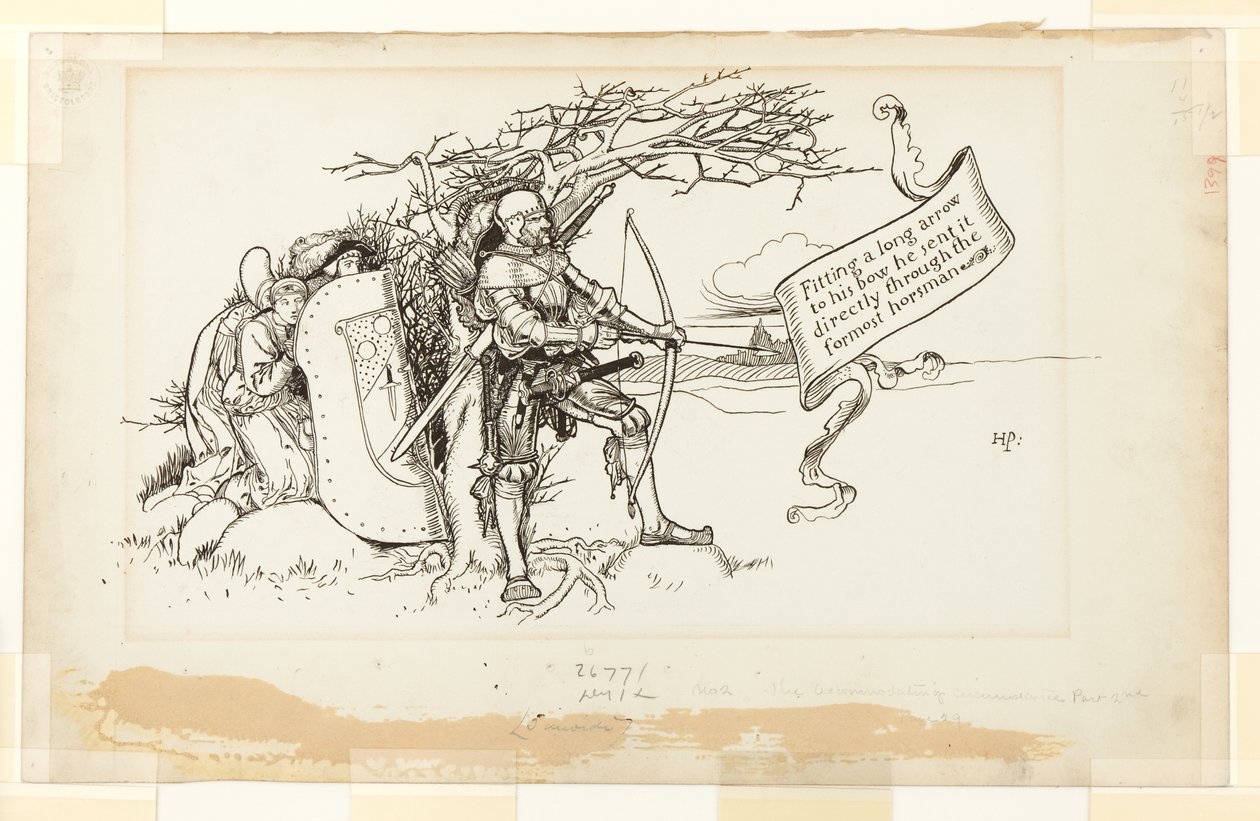 Illustration til The Accommodating Circumstance, II; Han satte en lang pil til sin bue og sendte den direkte gennem den forreste rytter af Howard Pyle