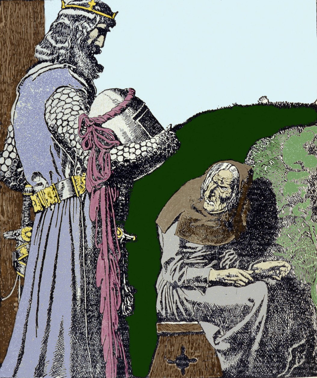 Kong Arthur (Artus) og heksen. Illustration af Howard Pyle (1853 - 1911), amerikansk illustrator. af Howard Pyle