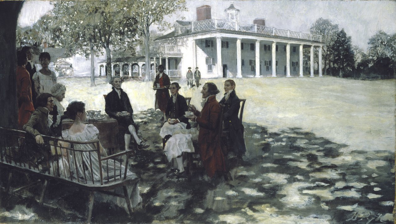 Martha og George Washington underholder deres venner på græsplænen ved Mount Vernon, 1898 (olie og grisaille på lærred) af Howard Pyle