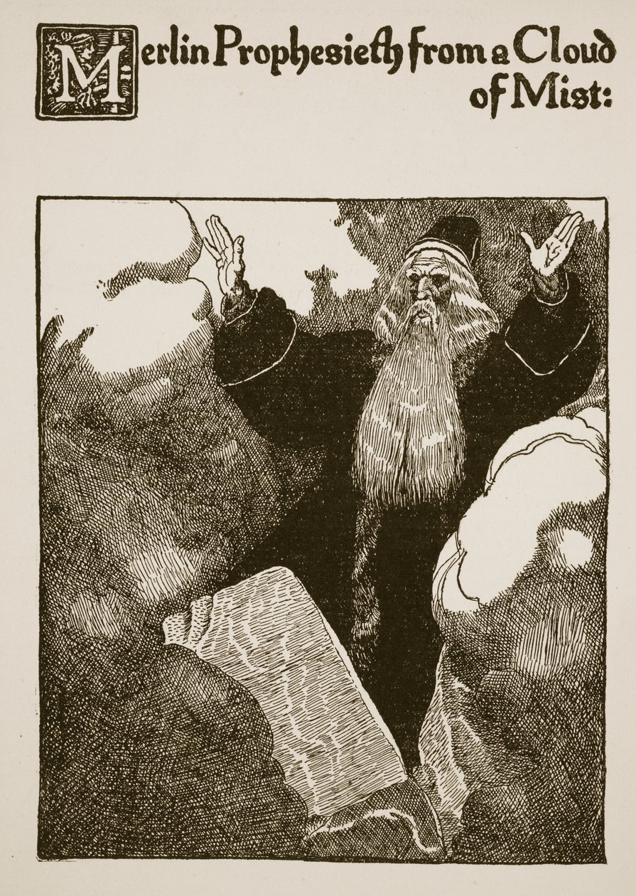 Merlin profeterer fra en sky af tåge, illustration fra 