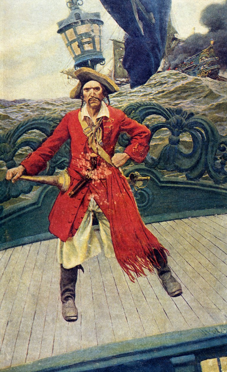 Piratkaptajn på dækket, begyndelsen af det 20. århundrede (bogillustration) af Howard Pyle