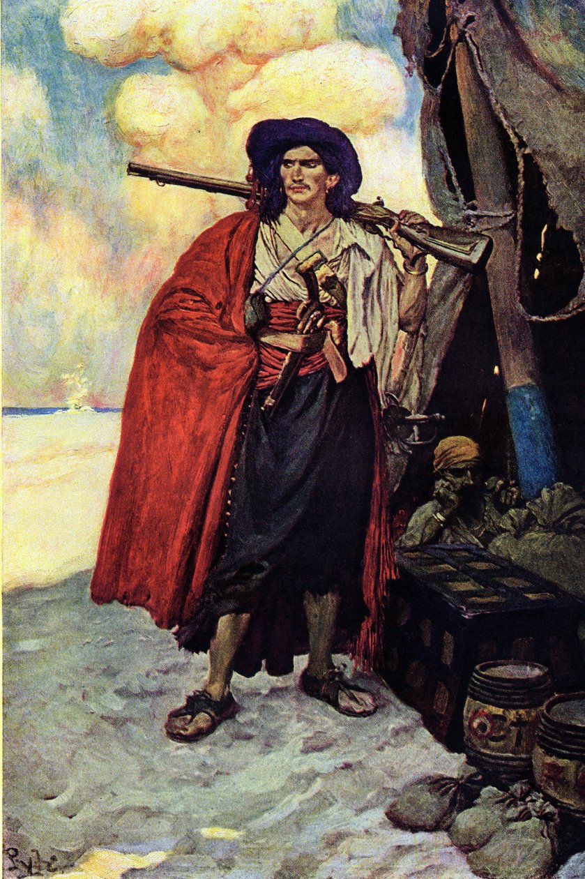 Portræt af en pirat bevæbnet med en riffel. I nærheden af ham skatmesteren og teltet opstillet på øens ørken. Illustration fra "Book of pirates Buccaneers and Marooners of the Spanish Main" af Howard Pyle (1853-1911), amerikansk illustrator af Howard Pyle