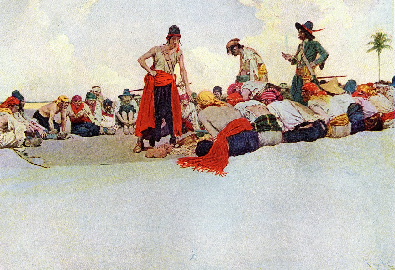 Deler kassereren mellem piraterne, der er genforenet i en cirkel. Illustration fra "Book of pirates Buccaneers and Marooners of the Spanish Main" af Howard Pyle (1853-1911), amerikansk illustrator af Howard Pyle