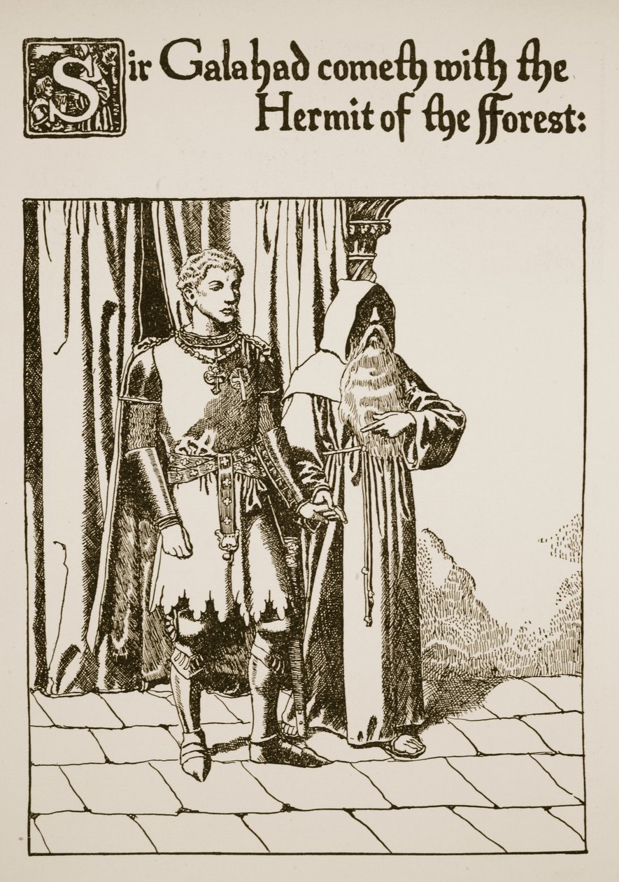 Sir Galahad kommer med Skovens Eremit, illustration fra 