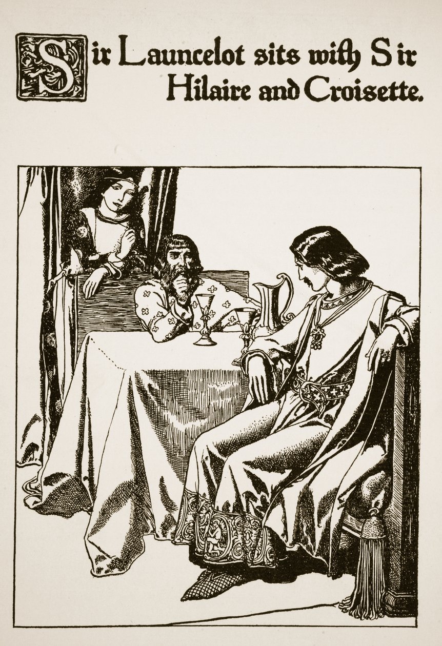 Sir Launcelot sidder sammen med Sir Hilaire og Croisette, illustration fra 