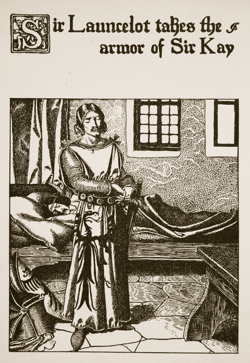 Sir Launcelot tager rustningen fra Sir Kay, illustration fra 