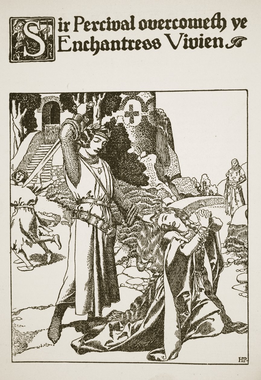 Sir Percival overvinder ye enchantress Vivien, illustration fra 
