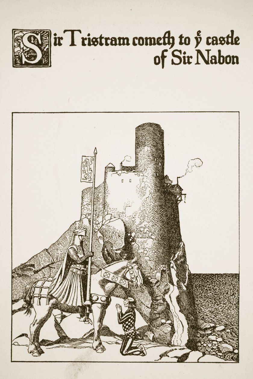 Sir Tristram kommer til Sir Nabons slot, illustration fra "Historien om Mesterne fra det runde bord af Howard Pyle