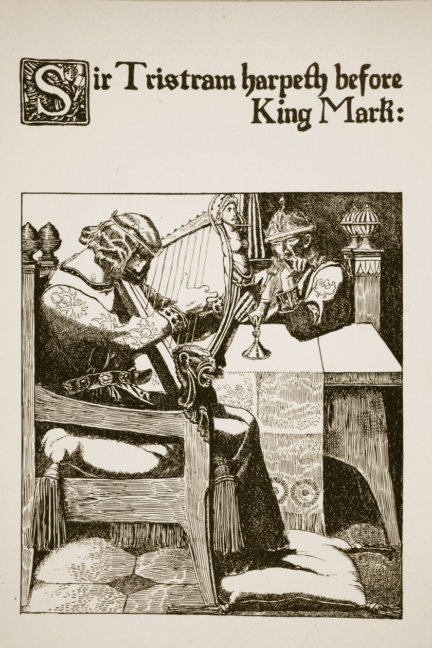 Sir Tristram harpet foran kong Mark, illustration fra 