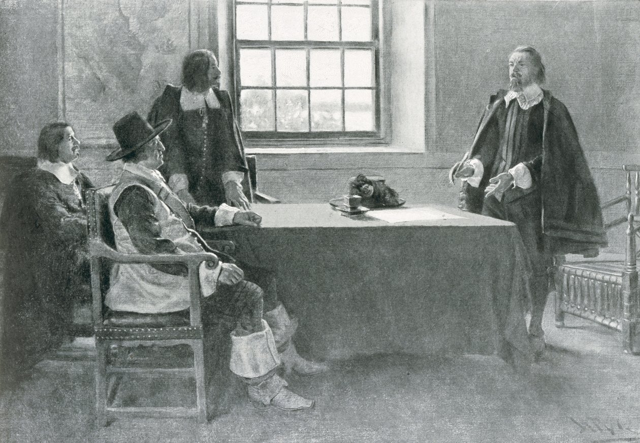 Sir William Berkeley overgiver sig til Commonwealths kommissærer, illustration fra 