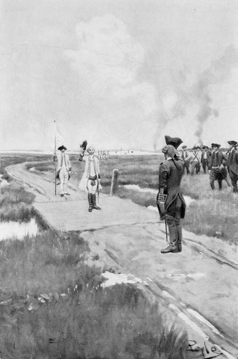 Kapitulationen af Louisbourg, illustration fra "Colonies and Nation" af Woodrow Wilson, udgivet i Harper