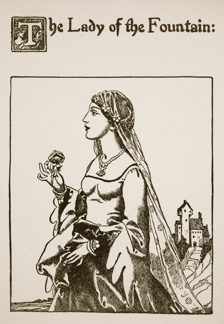 Fruen fra springvandet, illustration fra Historien om Sir Launcelot og hans ledsagere, 1907 af Howard Pyle