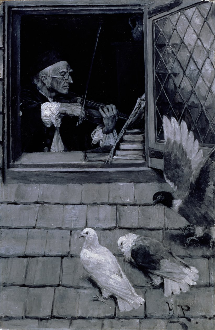 Den gamle violin, 1894 (olie på lærred en grisaille) af Howard Pyle
