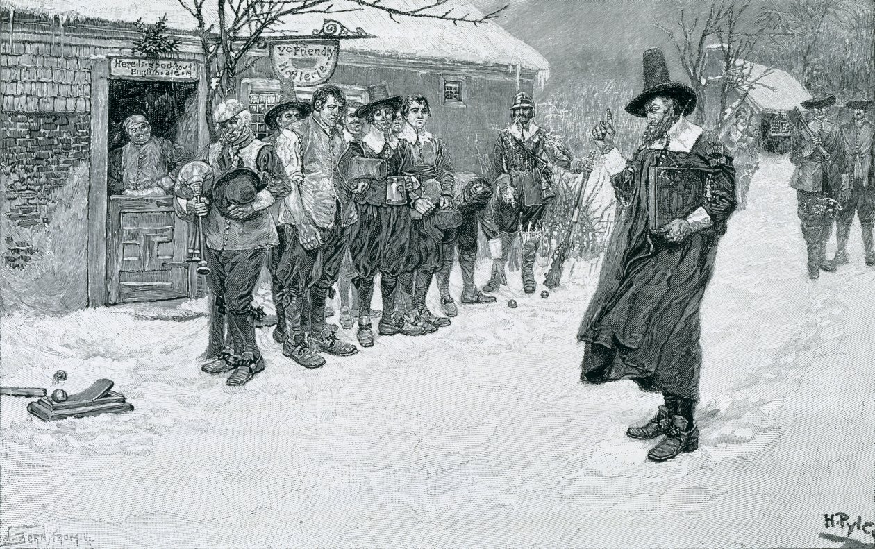 Den puritanske guvernør afbryder julesporten, indgraveret af J. Bernstrom, illustration fra 