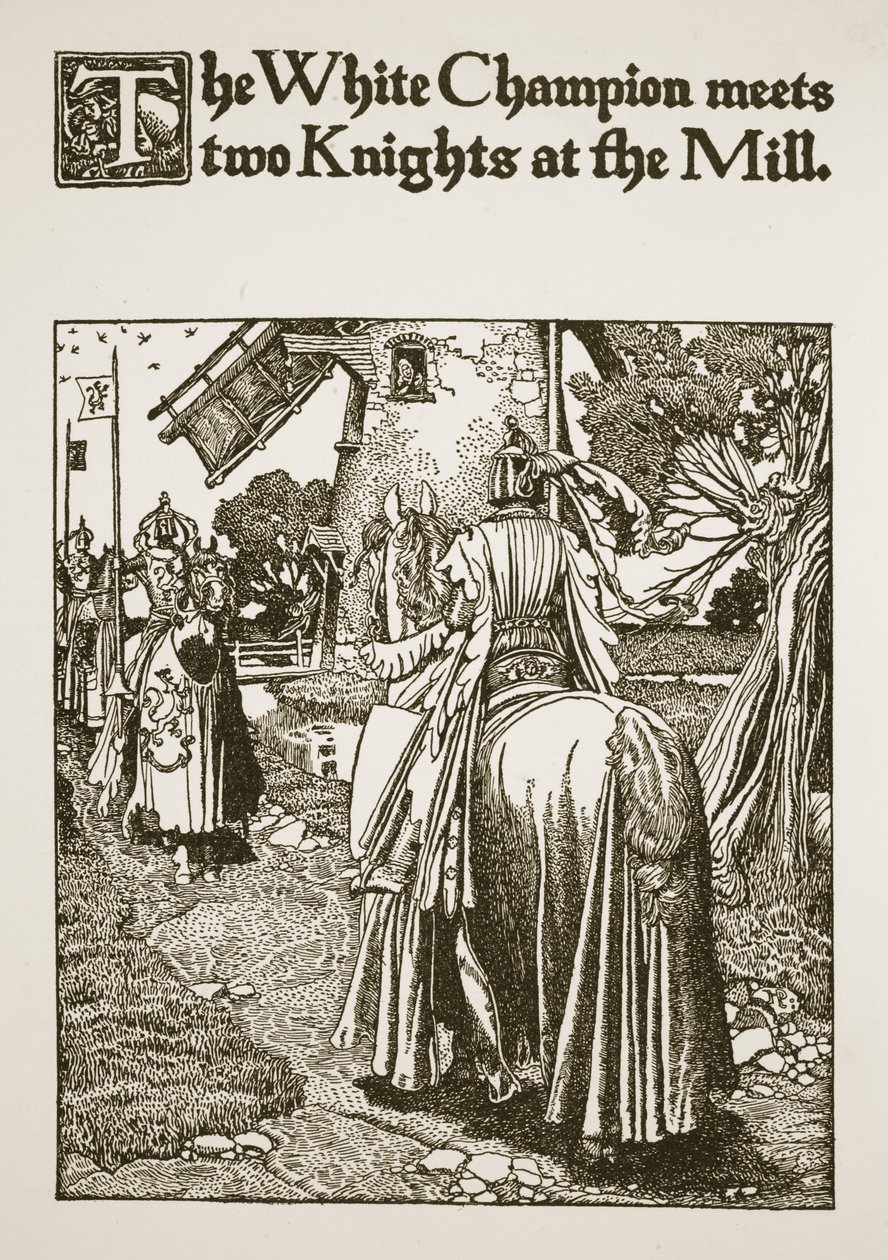 Den hvide mester møder to riddere ved møllen, illustration fra 